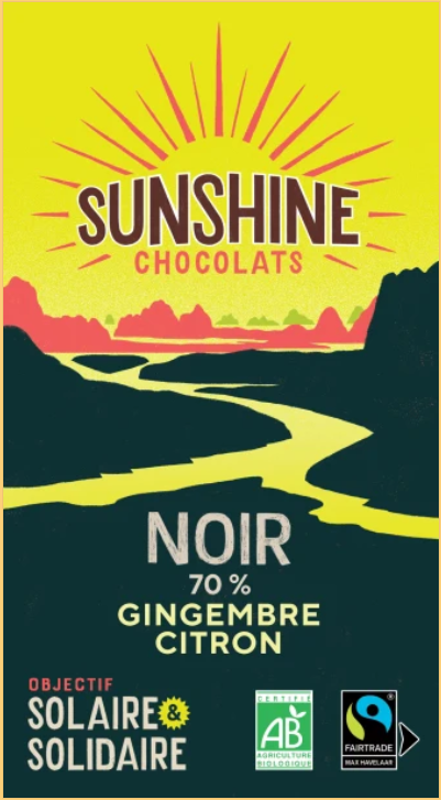 TABLETTE DE CHOCOLAT NOIR 70% BIO &amp; ÉQUITABLE – GINGEMBRE CITRON 100G
