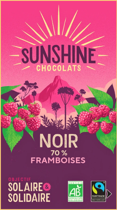 TABLETTE DE CHOCOLAT NOIR 70% BIO &amp; ÉQUITABLE – FRAMBOISES 100G
