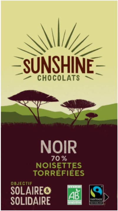 TABLETTE DE CHOCOLAT NOIR 70% BIO &amp; ÉQUITABLE – NOISETTES TORRÉFIÉES 100G